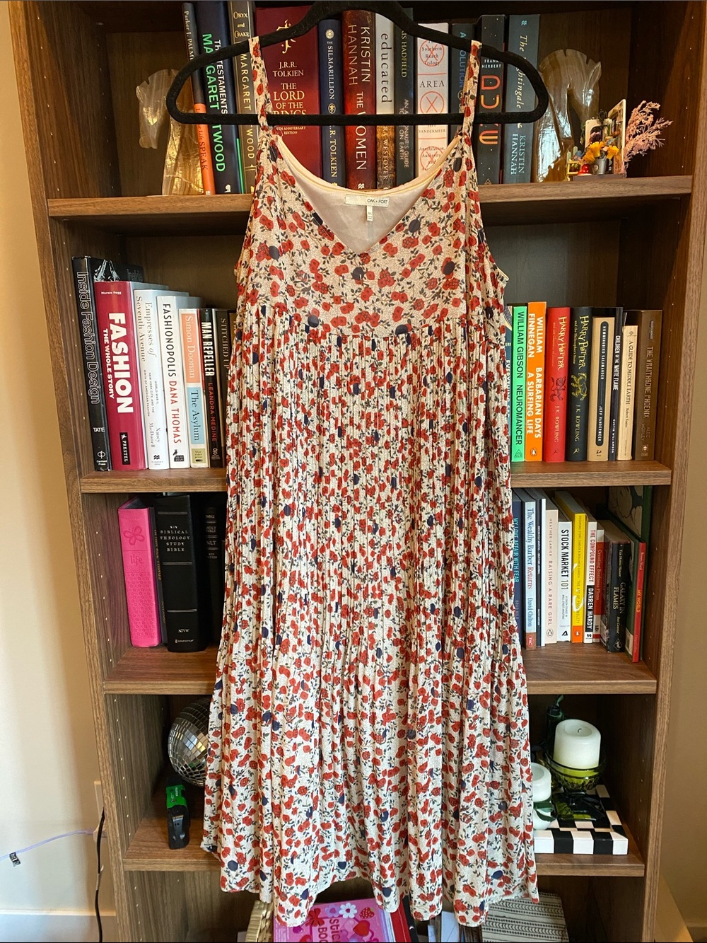 OAK + FORT Cream Midi Dress with Red Floral Print